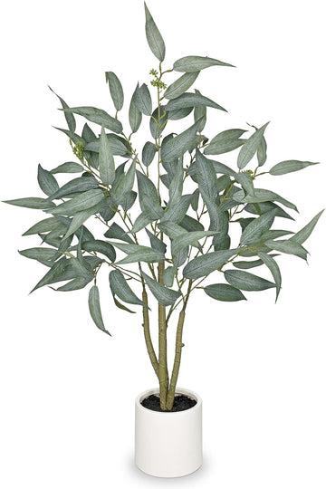 Eucalyptus Trees Artificial Indoor - 3FT Tall Faux Eucalyptus Plants in White Planter, Fake Plant Décor Bedroom