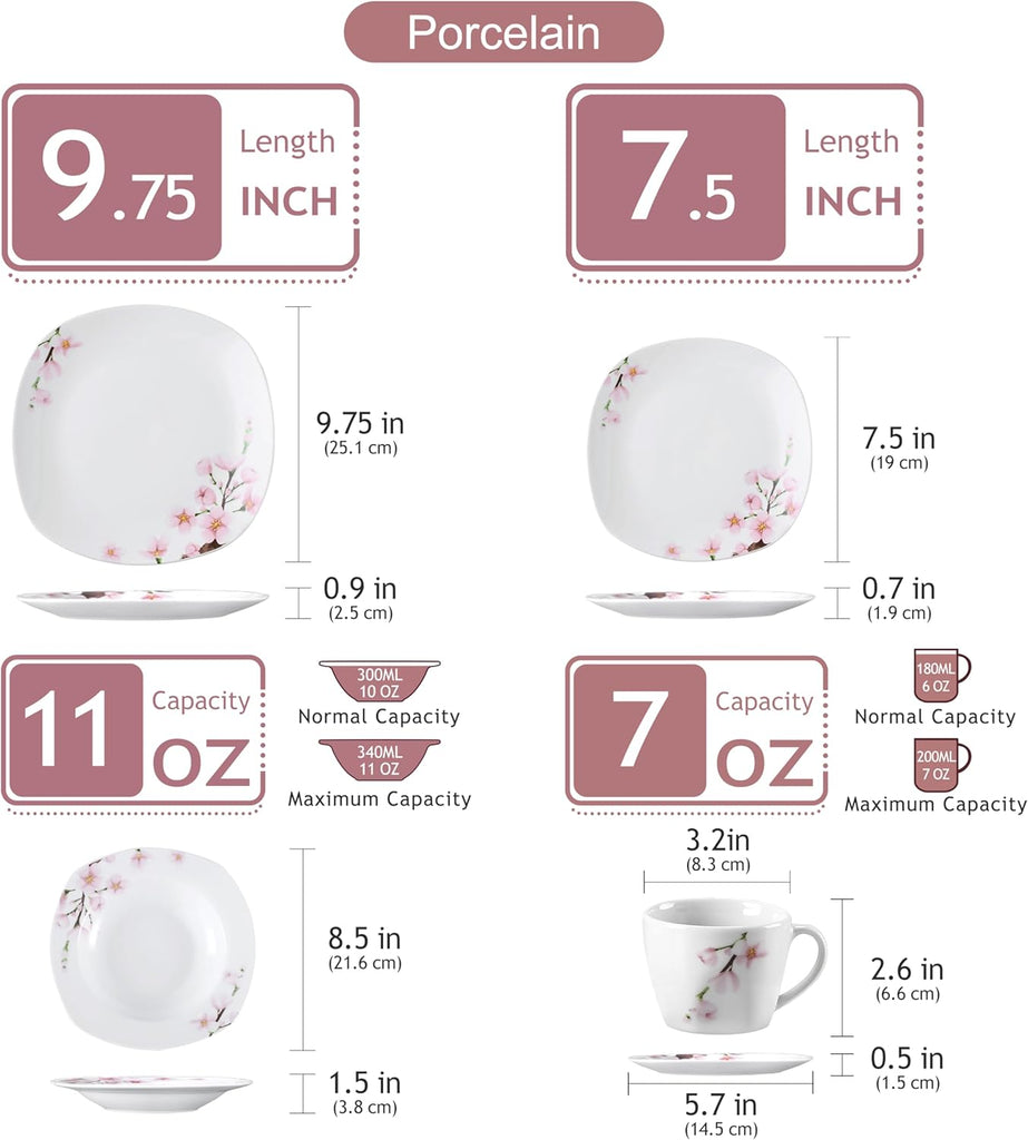 Annie Porcelain Dinnerware for 6, 30-Piece Pink Floral Dish Set With Plates and Bowls Including Dinner, Dessert, Soup