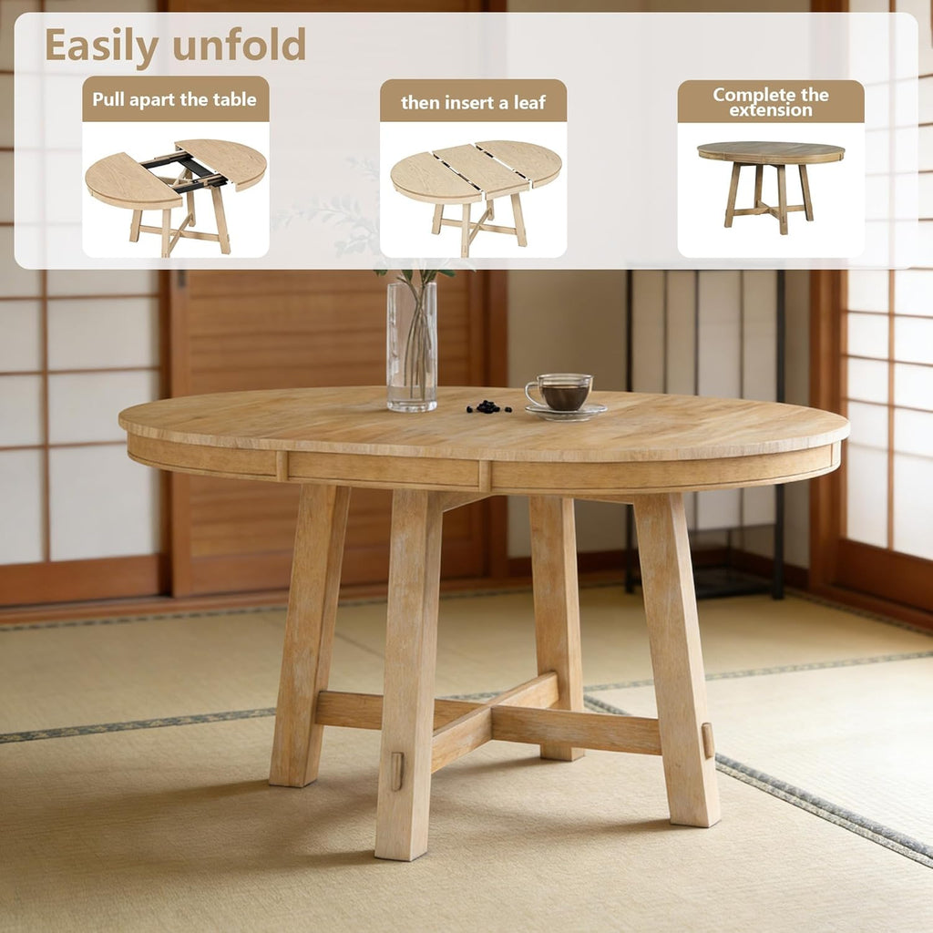 42"-58" Extendable Dining Table for 4-6, Solid Wood Oval Dining Kitchen Table with Removable Leaf, Farmhouse Circle