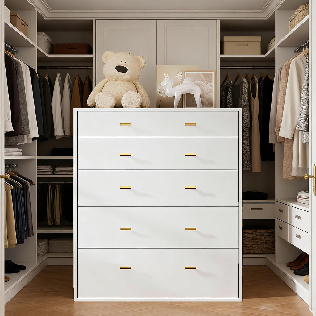 Closet Island with Drawers, Glass Top, LED Lights, White