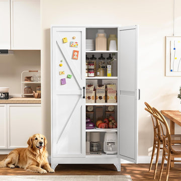 Metal Storage Cabinet with Doors and 4 Adjustable Shelves - 75" White Kitchen Pantry Storage,4-Tier Tall Steel