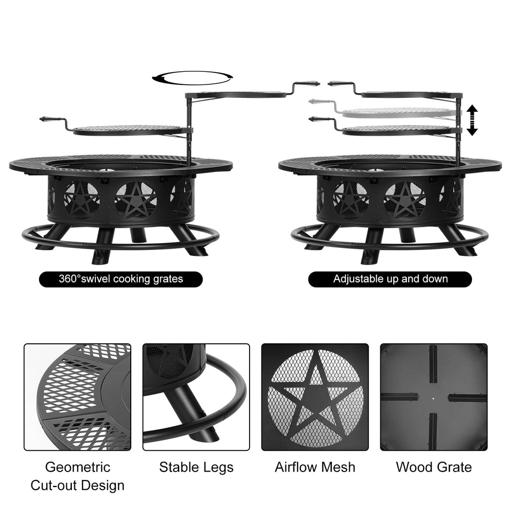 42 Inch Outdoor Fire Pits with 2 Grills, Lid & Poker