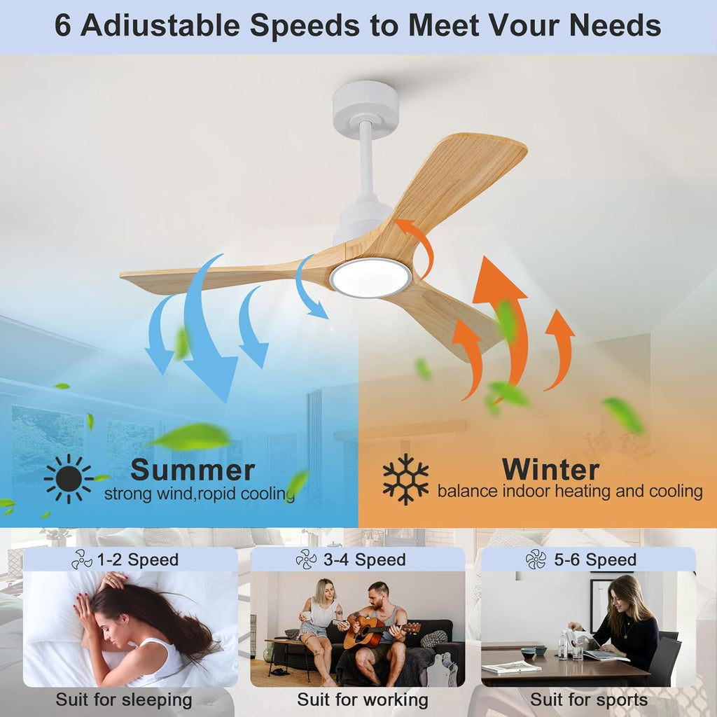 42 Inch Ceiling Fans with Lights and Remote, Dimmable, Natural Wood Ceiling Fan with Light