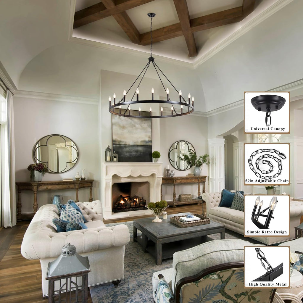 Inspired Camino Style Chandelier - 47.2 inches Black Wagon Wheel Chandelier- 20 Light Large Farmhouse Chandelier Industrial Rustic Dining Room Light Fixture Round High Ceiling Pendant Light for Living Room Entryway Foyer