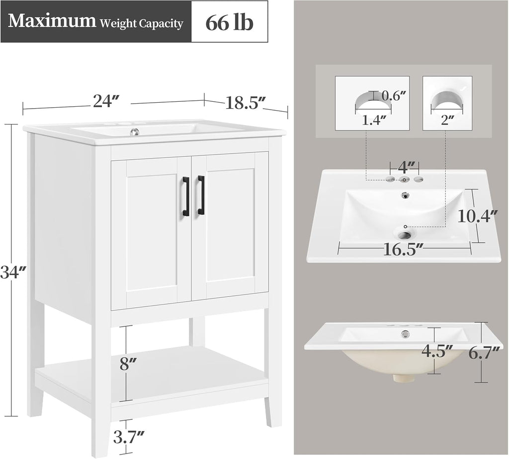 24" Modern Bathroom Vanity with Rectangular Ceramic Sink - Freestanding Vanity Cabinet