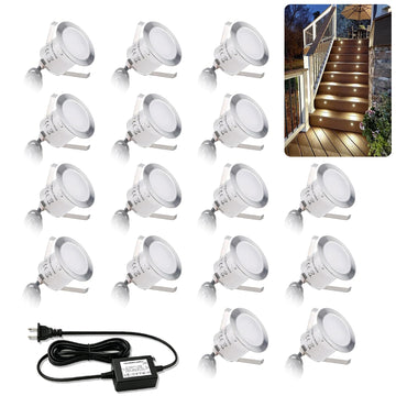 16 Pack Recessed LED Deck Light Kits with 12V Power Adapter, 32mm Warm White, IP67 Waterproof Low Voltage Deck