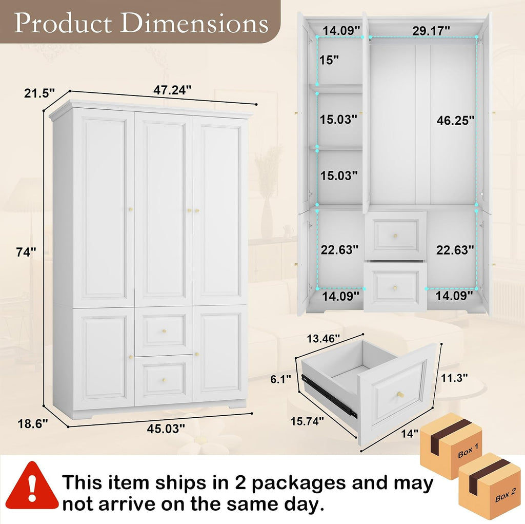 Armoire Wardrobe Closet with Drawers: 74" White Wardrobe Closet with 3 Doors, Tall Bedroom Armoires for Clothes, Wood