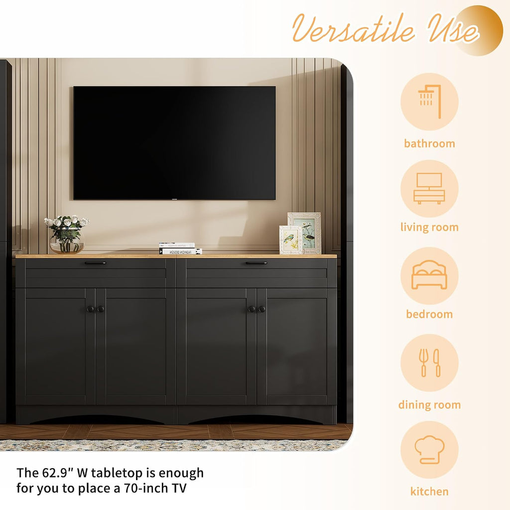 Modern 3 Piece TV Stand with 2 Bookshelves for TVs up to 70'', Mid-Century Solid Wood Entertainment Center with Storage Cabinets, Practical Media Console for Living Room, Bedroom, Black