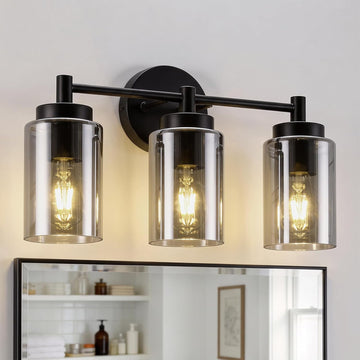 3 Light Bathroom Vanity Light Contemporary, Matte Black Sconce | 17.12", Electroplated Glass, Soft Glow, Bath Bar