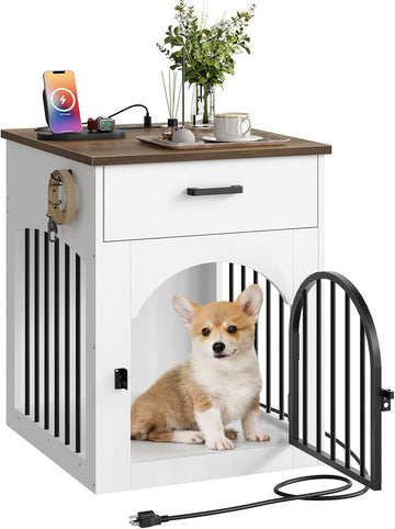 Dog Crate Furniture, Wooden Dog Kennel with Charging Station and Storage Drawer, Indoor Pet Crate End Table for Small