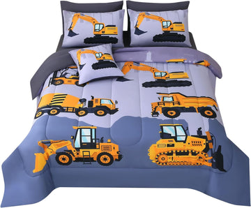 Construction Bedding Sets for Boys Kids, 6 Piece Bed in A Bag 3D Cartoon Car Excavator Tractor Comforter Set
