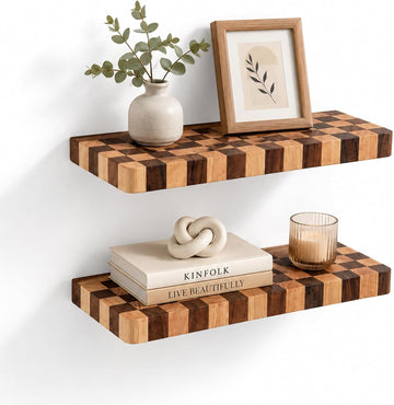 Floating Shelves for Wall, Solid Checkered Wood Wall Shelves 16 Inch | Heavy-Duty, Invisible Bracket, Solid Wood