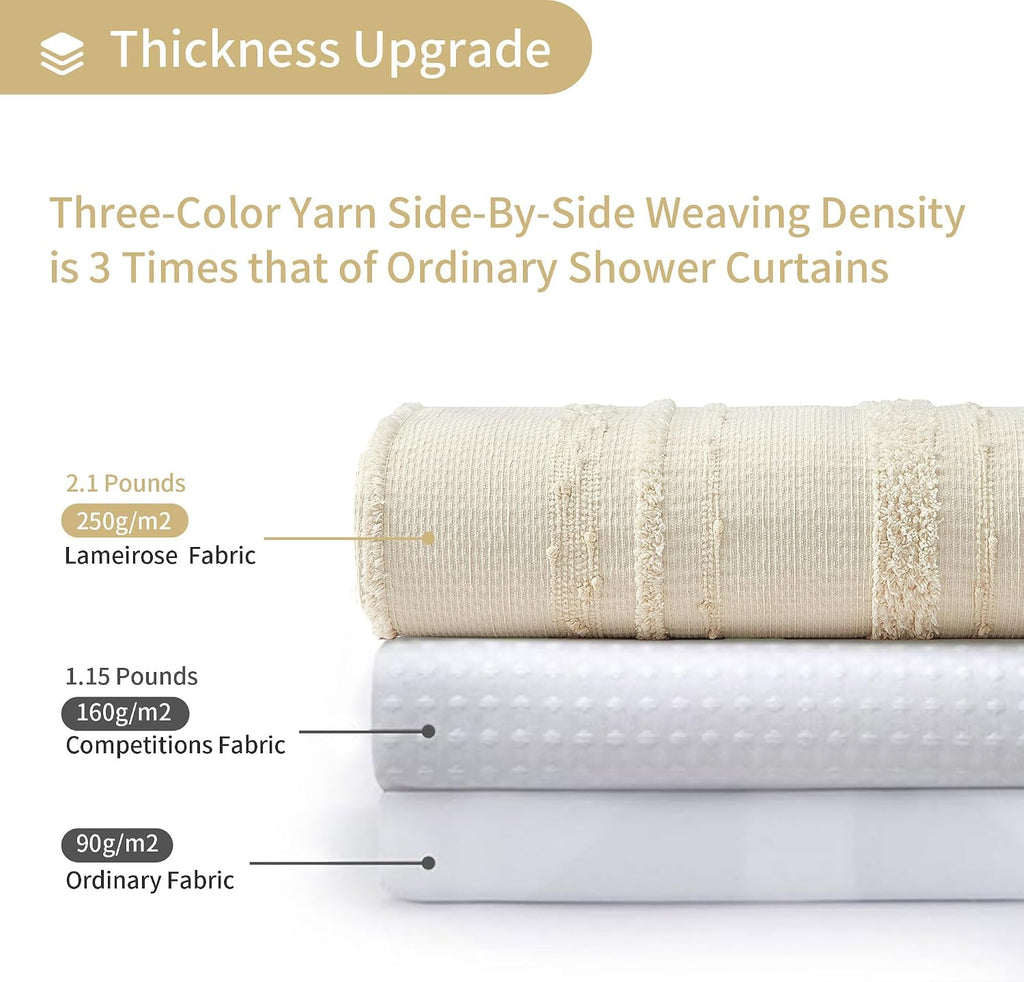 Beige Shower Curtain Boho, 72 x 72 Cotton Blend Waffle Weave Stripe Textured Heavy Duty, Fabric Shower Curtain