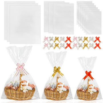 50pcs Cellophane Bags 3 Sizes Cellophane Wrap for Gift Baskets 24x30 16x24 12x18 Large Clear Plastic Packaging Bags