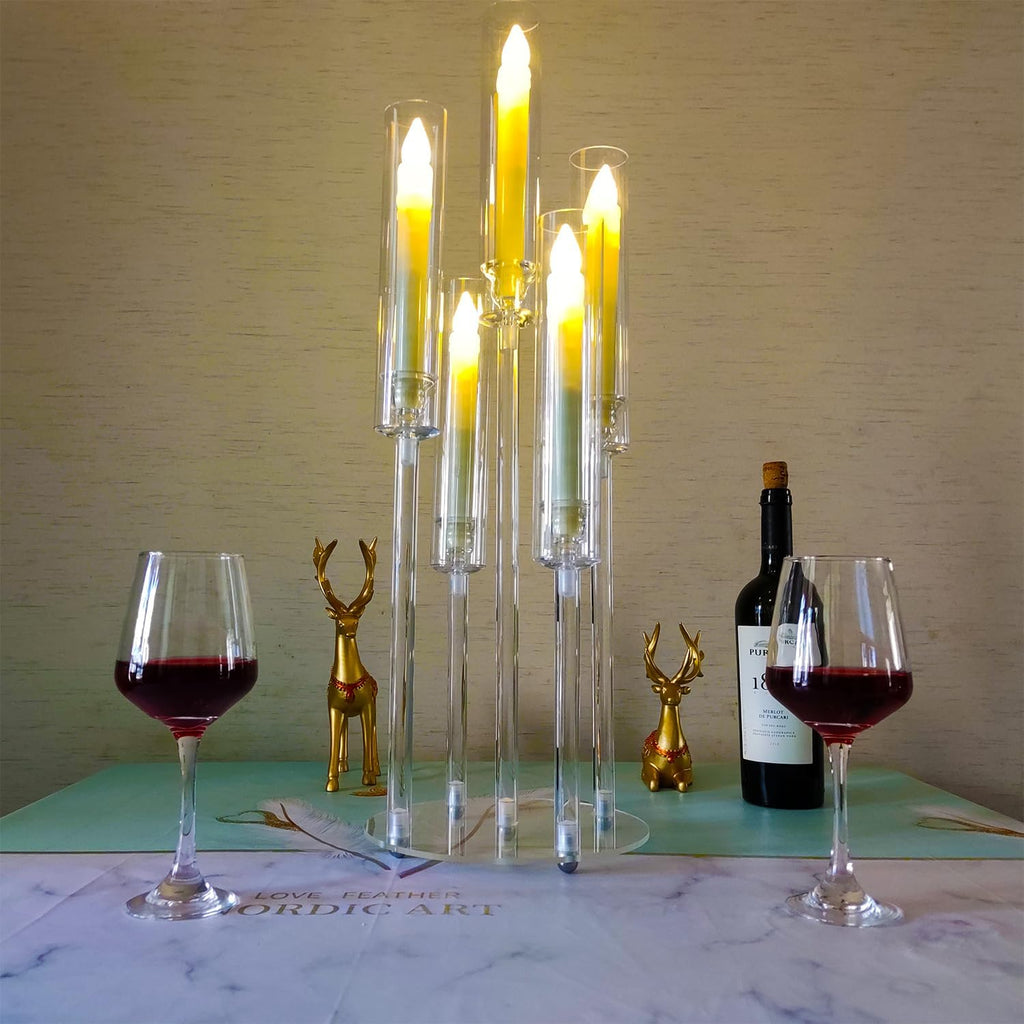 2Pcs Acrylic Candelabra Centerpieces,Clear Crystal 5 Arm Candlesticks Holder with Acrylic Shade for Valentine's day