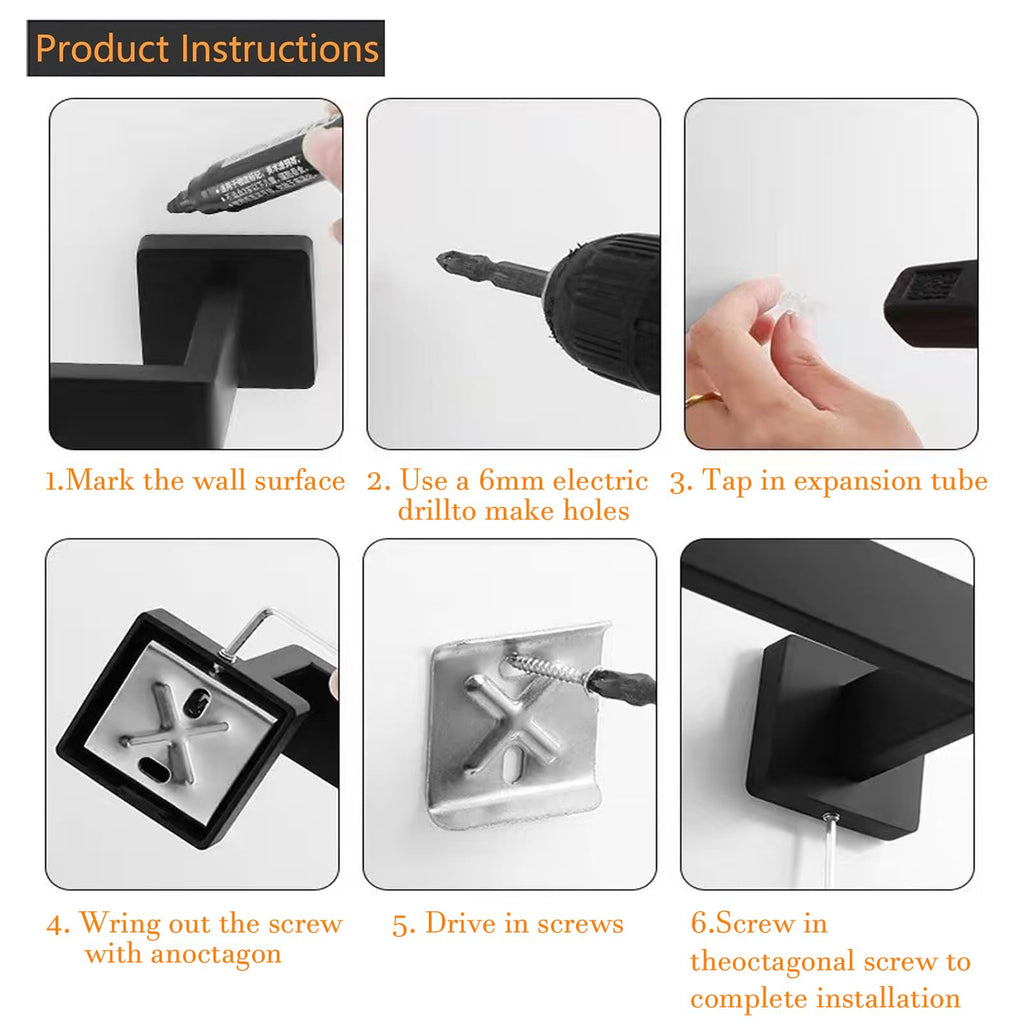6 Piece Towel Hook - Bathroom Robe Hook - Matte Black
