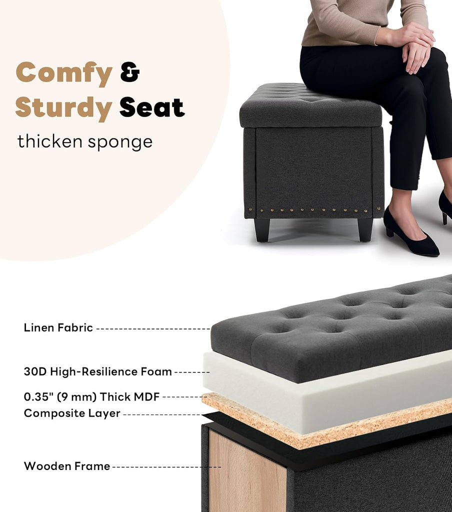 50.8" Ottoman With Storage, Storage Bench with Button-Tufted, End of Bed Storage Bench Safety Hinge with Rivets