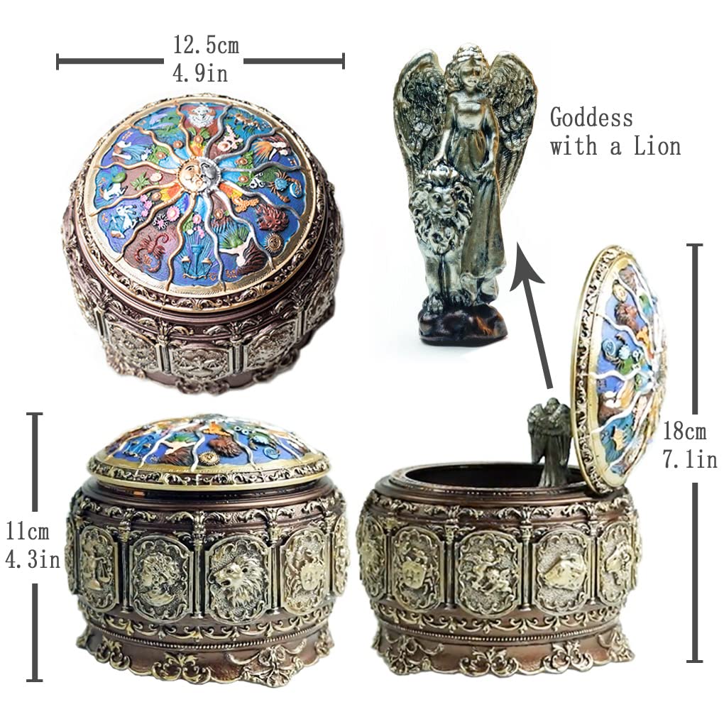 Vintage Music Box with Constellations Rotating Goddess LED Lights Twinkling Resin Carved Mechanism Musical Box with
