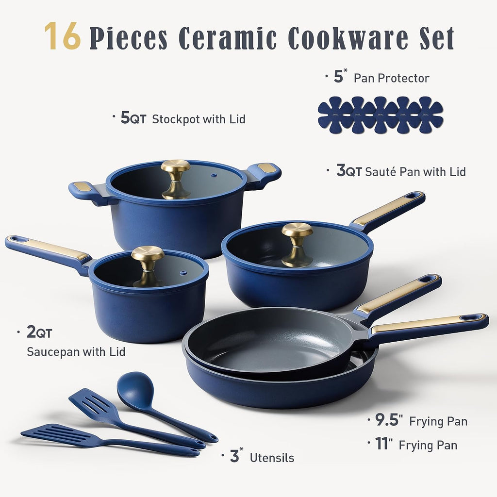 Ceramic Cookwar Set, Pots and Pan Set Non Stick 16 Piece, Cookware Set Kitchen Cooking Set Non Toxic, PFAS PTFE Free