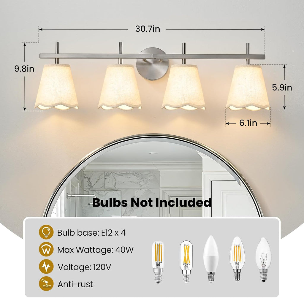 4-Light Bathroom Light Fixtures, Brushed Nickel Vanity Light,Modern Vanity Lights with Scalloped Linen Fabric Shade