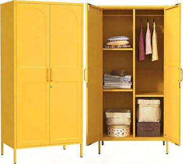 Yellow Lockable Armoire Wardrobe Closet Storage Cabinet with Hanging Rod, 67" Metal Wardrobe Cabinet with 2 Doors and