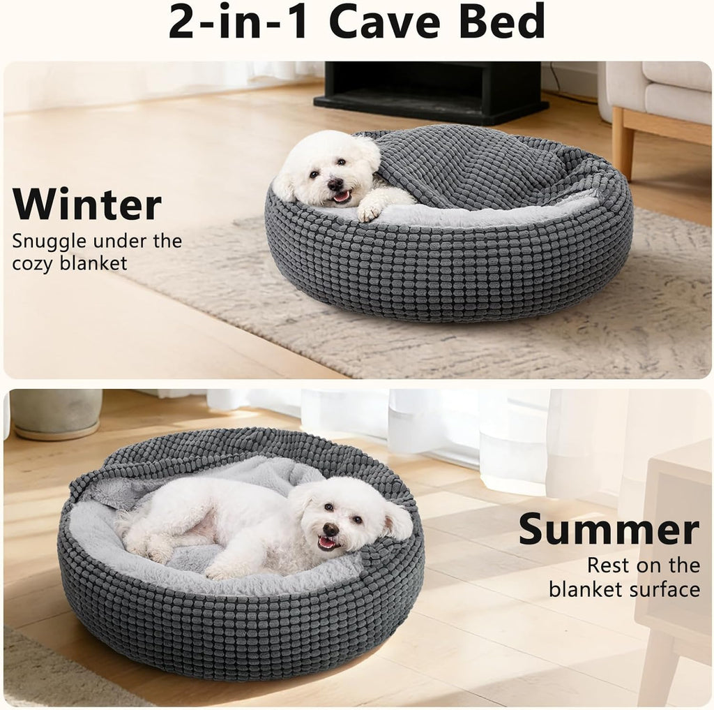 Small Dog Bed with Attached Blanket, Cozy Donut Cuddler Anti-Anxiety Hooded Pet Beds Calming Cave Bed. Orthopedic