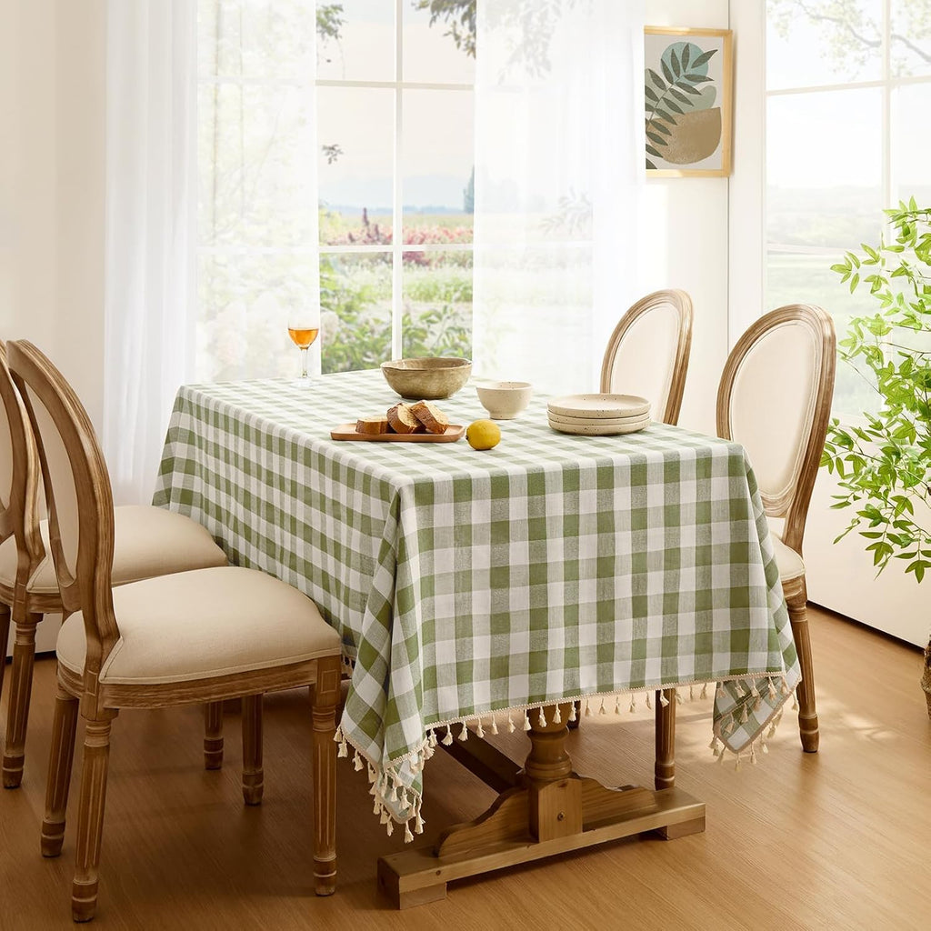 Outdoor Checkered Tablecloth, Linen Cotton Gingham Table Cloths for 6 Foot Rectangle Tables with Tas