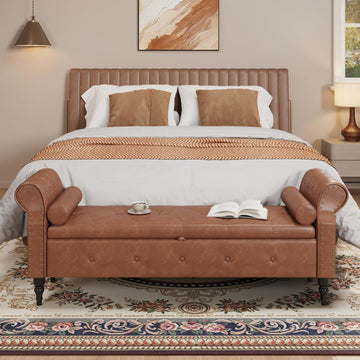 65" End of Bed Storage Bench with Rolled Arms,Storage Ottoman | Large Upholstered Shoe Benches with Nailhead