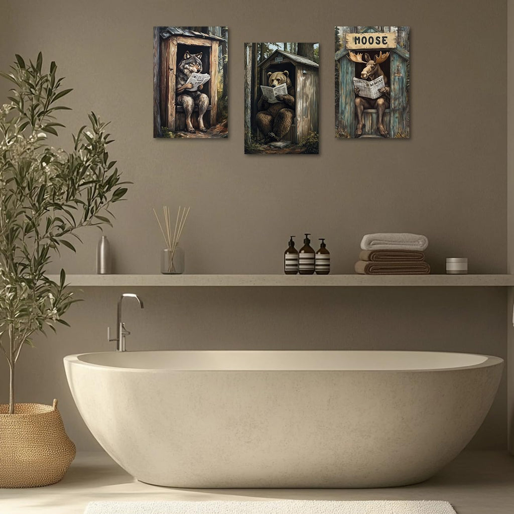 Funny Bathroom Wall Art Forest Wildlife Poster 3 Panel Wolf Bear Moose on Outhouse Toilet Canvas Print Funny Animals