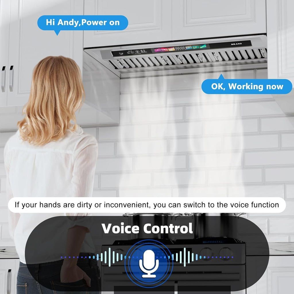36 Inch Stainless Steel Range Hood Insert 900 CFM 4 Speed Voice, Gesture & Touch Control Convertible Ducted/Ductless Delay Shutdown, Memory Function