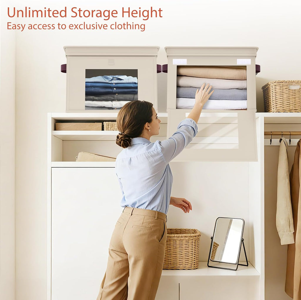 Front Opening Storage Bins with Lids for Closet, Beige, 4 Pack | Foldable Fabric Storage Cubes, Large Closet