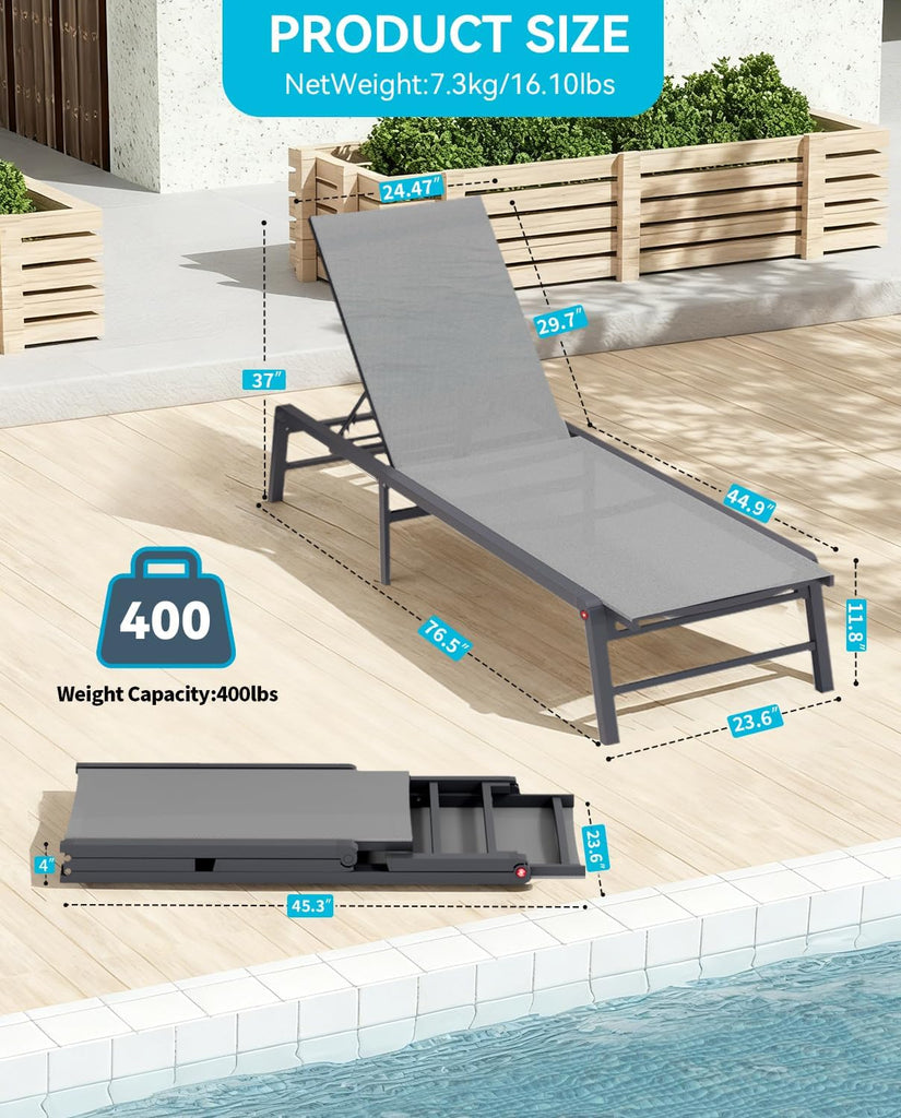 Aluminum Chaise Lounge Outdoor, Foldable & Assemble-Free Lounge Chair Outdoor Set of 2, Lounge Chair with 5