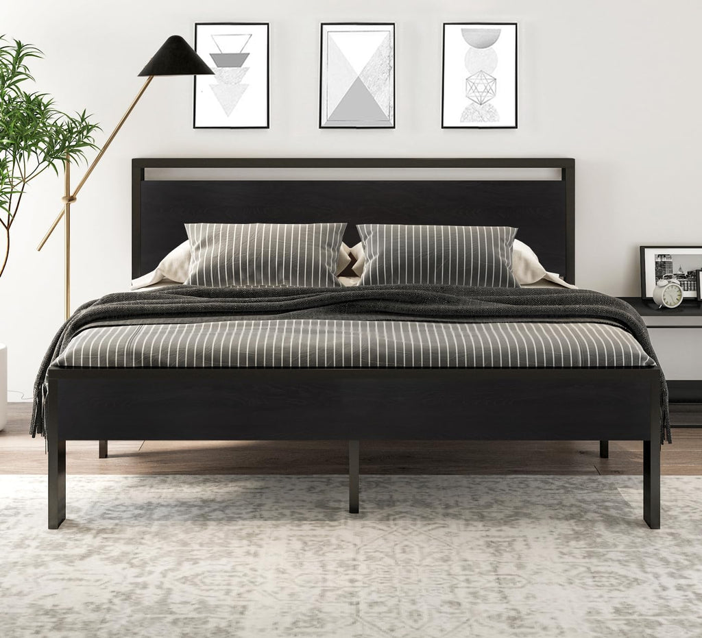 14 Inch King Metal Platform Bed Frame with Wooden Headboard and Footboard, Mattress Foundation, No Box Spring Needed