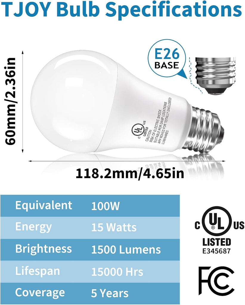 12 Pack LED Light Bulbs, 100 Watt Equivalent A19, 5000K Daylight LED Bulb, 15W Bright White Energy Saving Lightbulbs