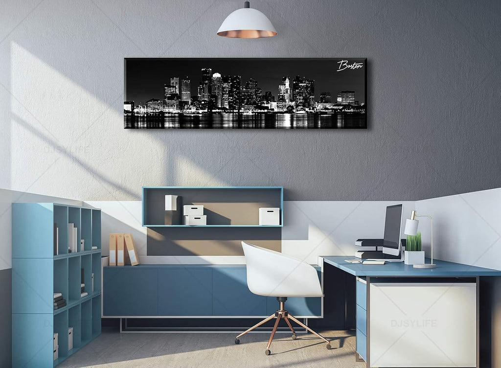 Boston Canvas Wall Art Black White Cityscape Decor 13.8"x47.3" | Panoramic Skyline Print, Ready to Hang Decoration