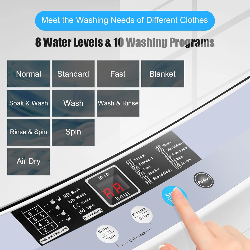 Portable Washing Machine, 12 Lbs Capacity Full-automatic Washer with 10 Wash Programs, LED Display, 8 Water Levels