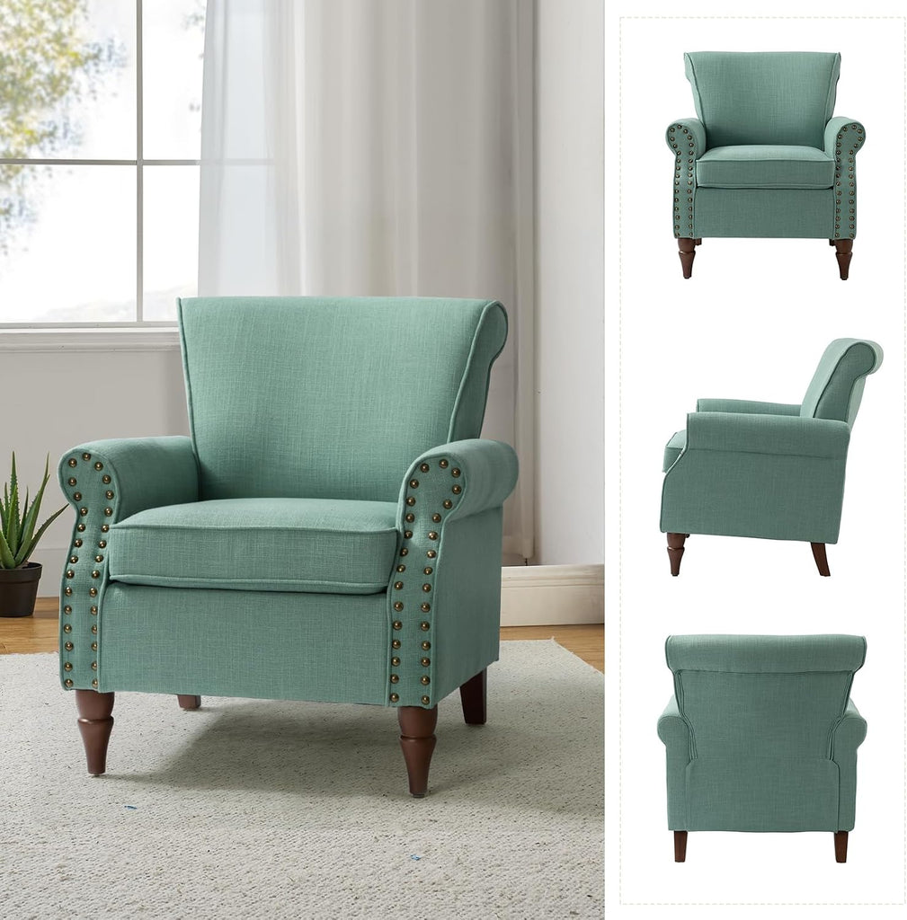 Accent Chair with Wood Legs & Removable Cushion, Modern Wingback Armchair with Nailhead Trim, Comfy Upholstered