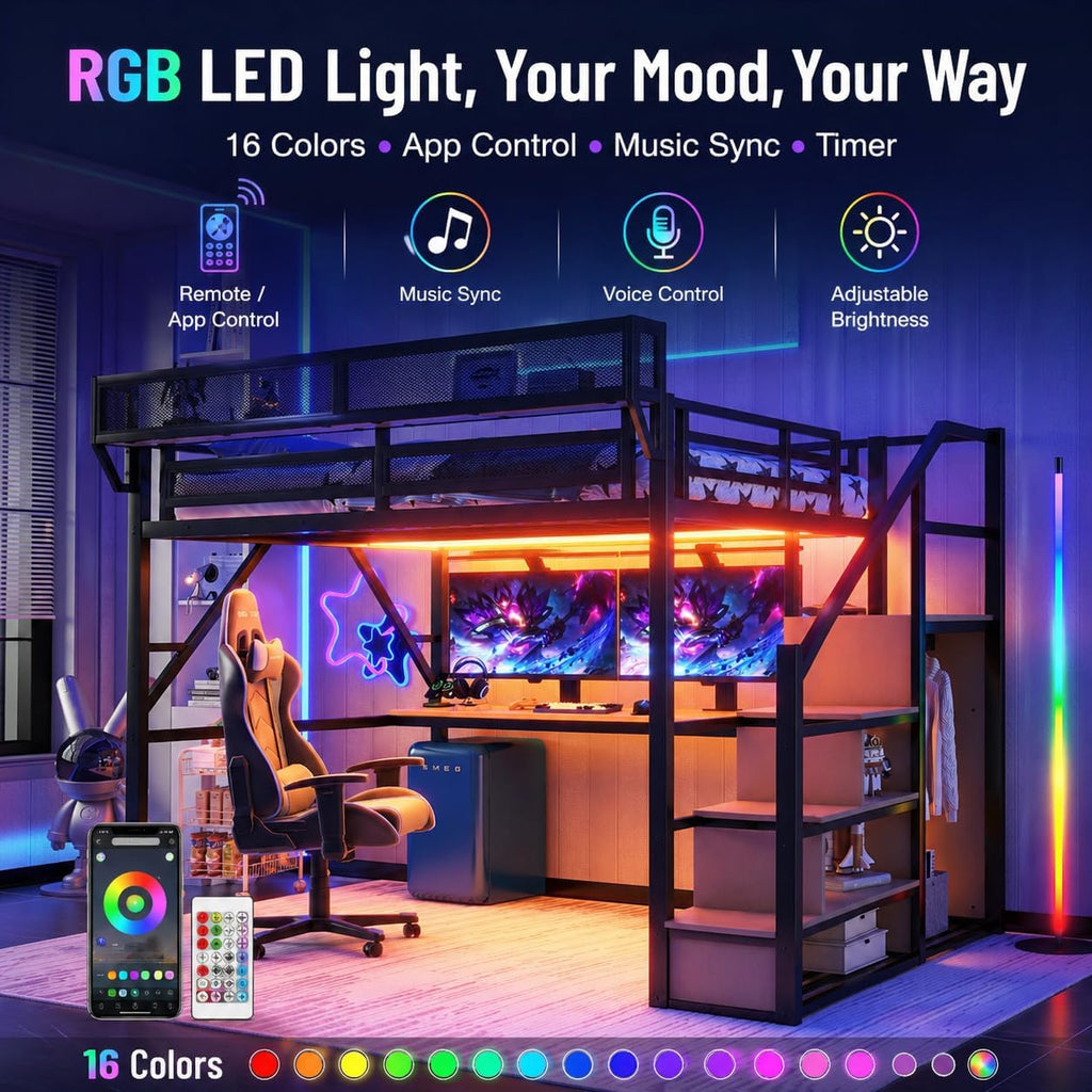 Full Loft Bed with Desk and RGB Light, Metal Loft Bed Frame with Stairs and Bedside Shelf