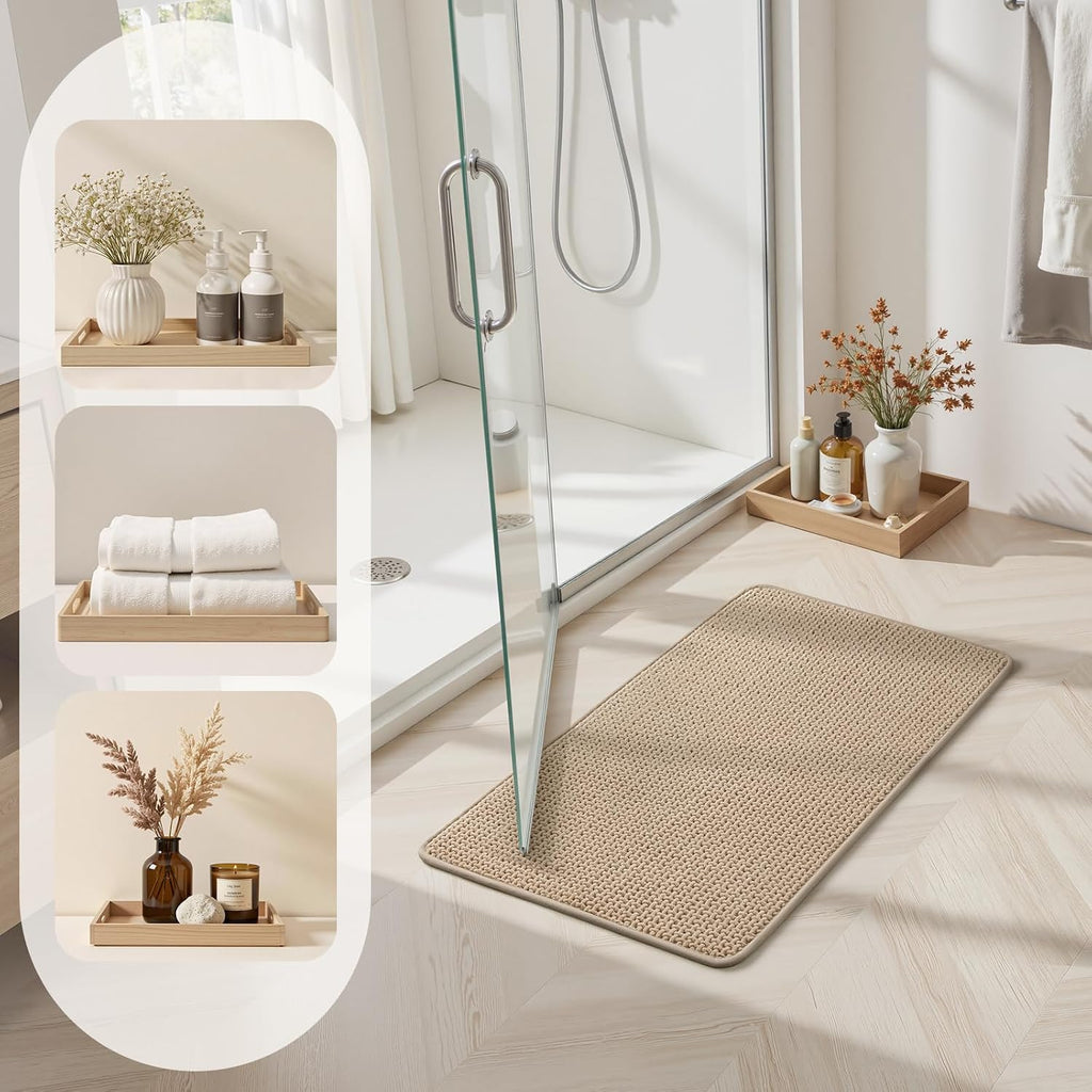 Bathroom Rugs Set 2 Piece Thin Non Slip, Beige 17"x24"+20"x32" | Rubber Backed, Absorbent Quick Dry Bath Rugs, Low