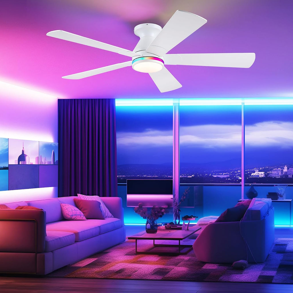 52" Flush Mount RGB Ceiling Fans with Lights - White Low Profile Ceiling Fan Light with Remote/APP, RGB+3CCT 6 Wind Speeds and Reversible, Modern Fan Light Fixture for Party, Kiad's Room