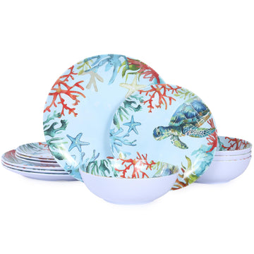 12-Piece Turtle Melamine Dinnerware Set, Ocean Plate and Bowl Sets