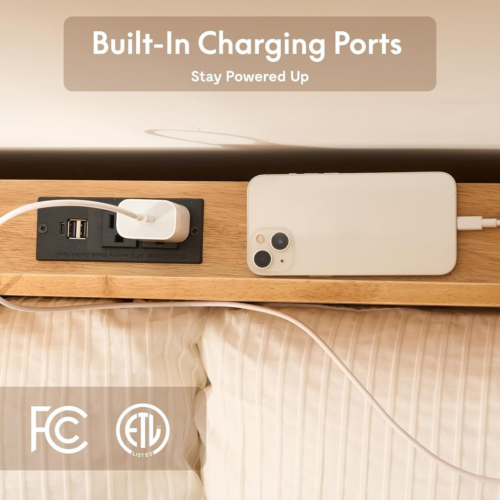 Hako G1 Solid Wood Platform Bed Frame Queen,Rubberwood,Tool-Free Assembly,Low Profile Floating,Storage Shelf&Charging