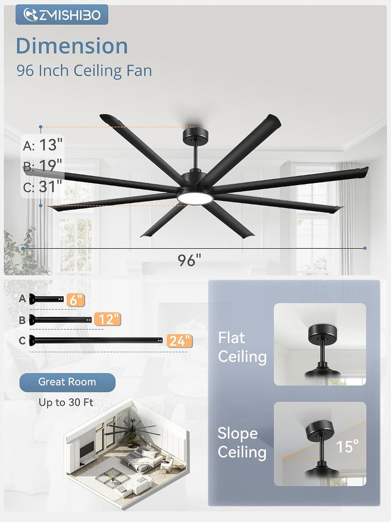 96" Ceiling Fan with LED Light and Remote - Black