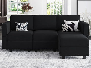 Modern L Shaped Velvet Sectional Sofa with Chaise, Black, Storage, Adjustable Arm/Backrest