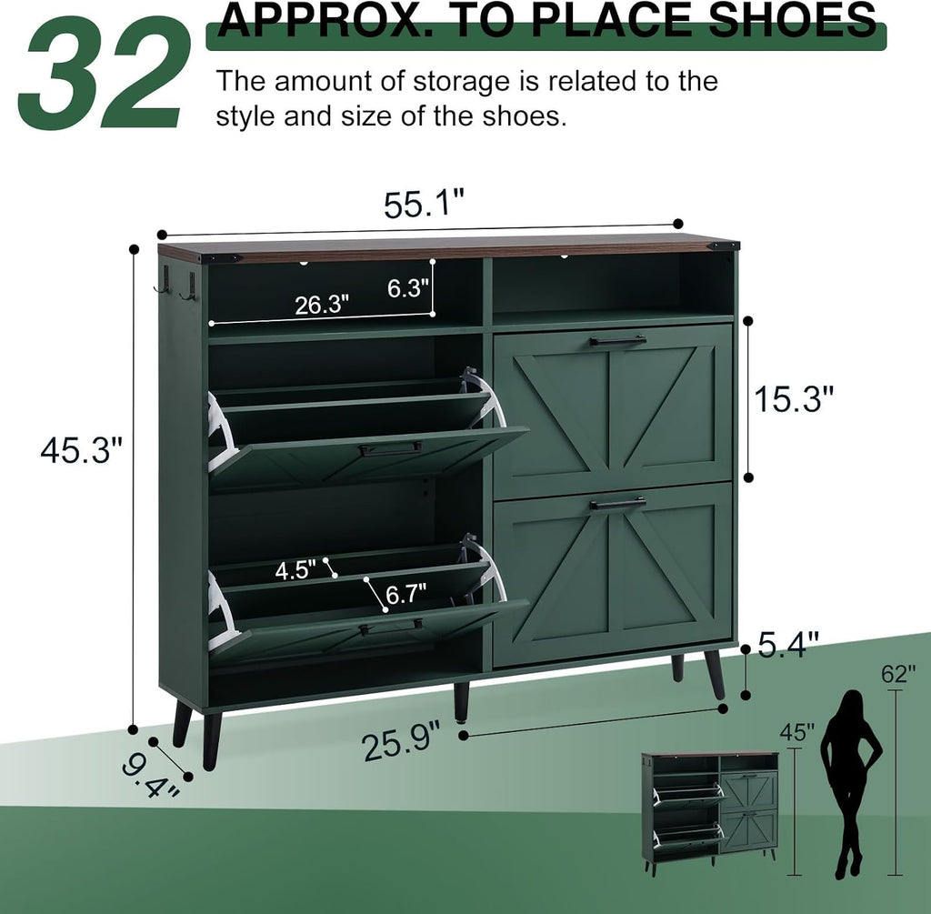 Shoe Storage Cabinet,Farmhouse Shoes Organizer with 4 Flip Drawers & Barn Door Design,Freestanding Hidden Slim Narrow