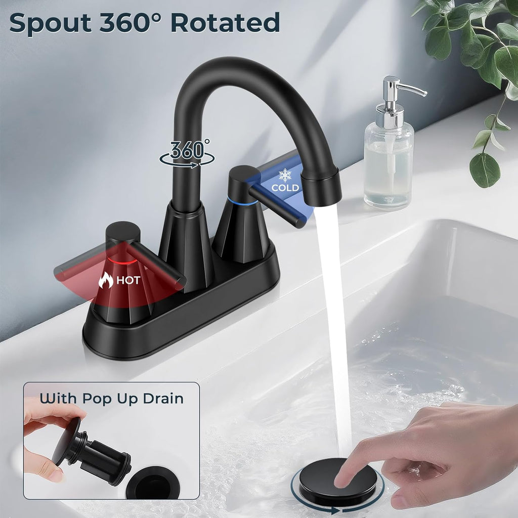 4 inches Bathroom Faucet for 3 Hole,2-Handle Bathroom Sink Faucets with Pop Up Drain (Matte Black)