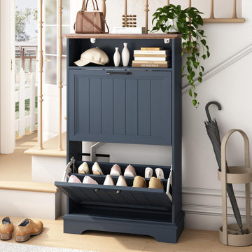 Shoe Storage Cabinet with 2 Flip Drawers, 24" W Farmhouse Modern Hidden Shoes Rack with Adjustable Shelves & Open