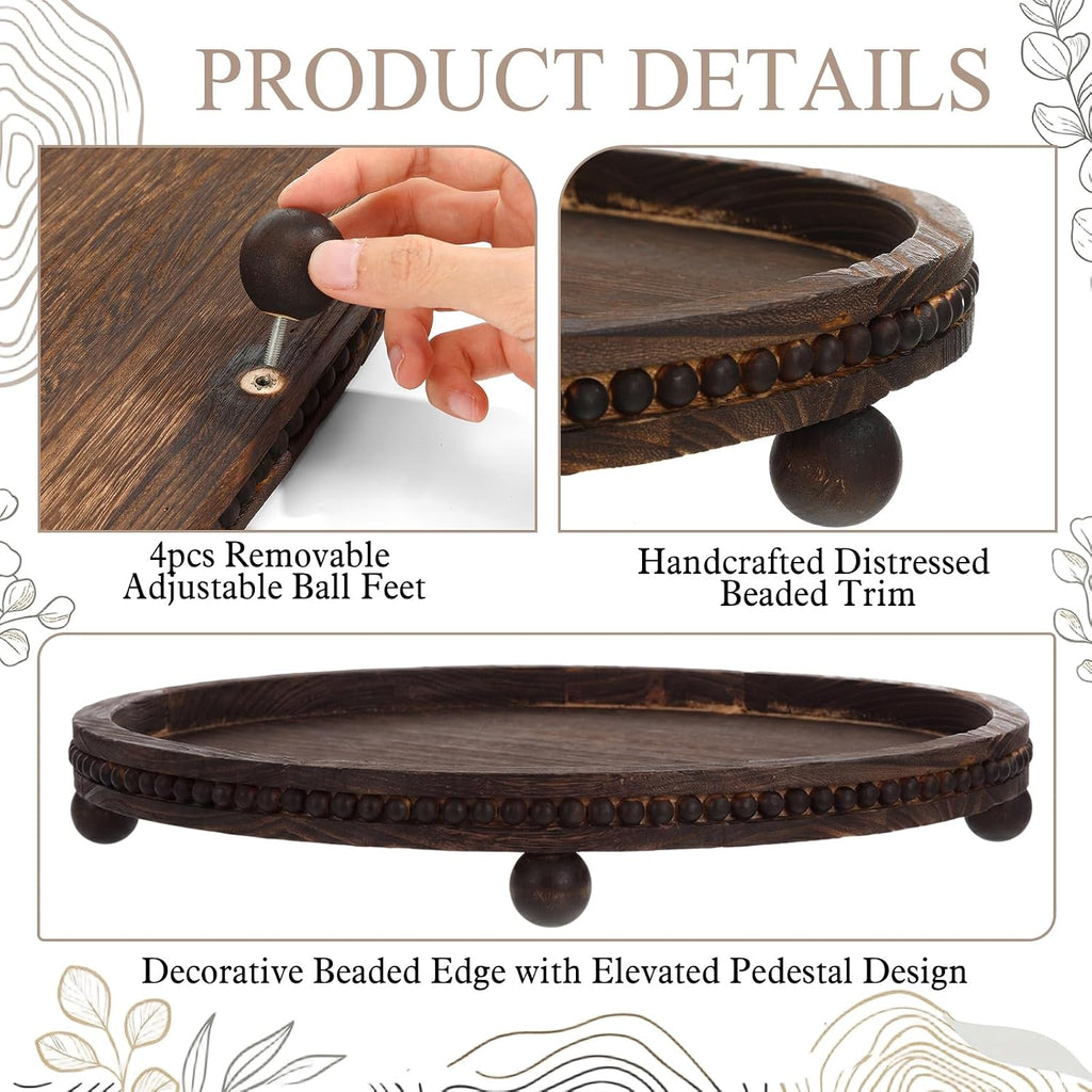 16" x 11.8" Oval Wood Decorative Tray with 58" Wood Bead Garland, Beaded Coffee Table Decor Tray with Legs, Rustic