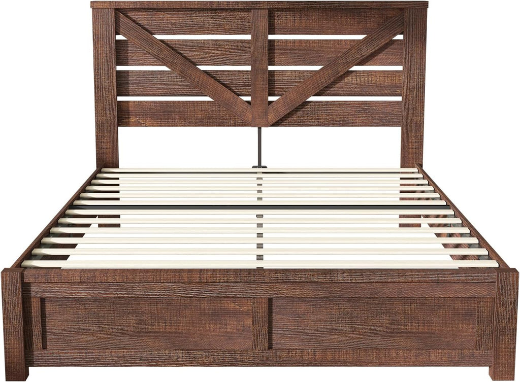 Queen Bed Frame with 49.2" Barn Door Headboard and Footboard, Rustic Farmhouse Platform Bed Frame with Wood Slats, No