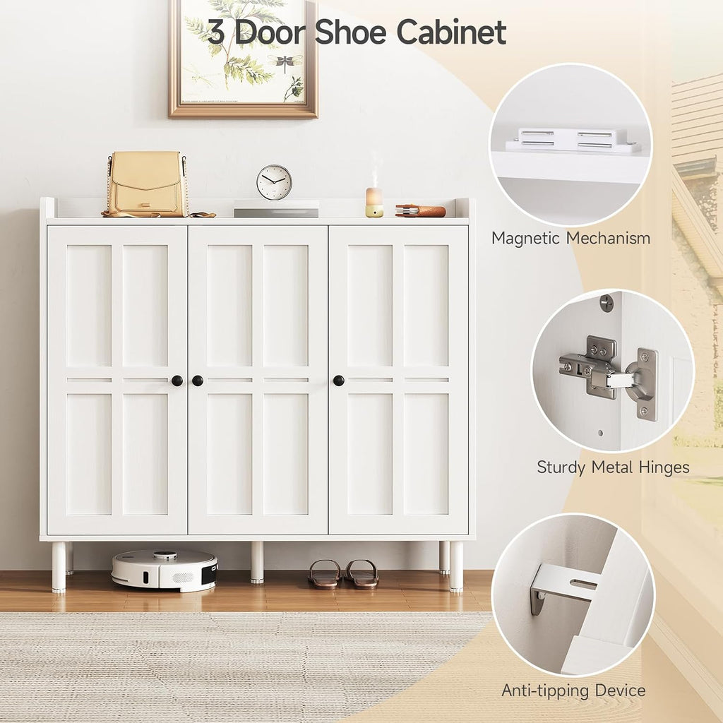 Shoe Cabinet with 3 Doors and Adjustable Shelves, 30 Pairs Shoe Storage Cabinet, 40 Inch Tall Farmhouse Shoe Rack